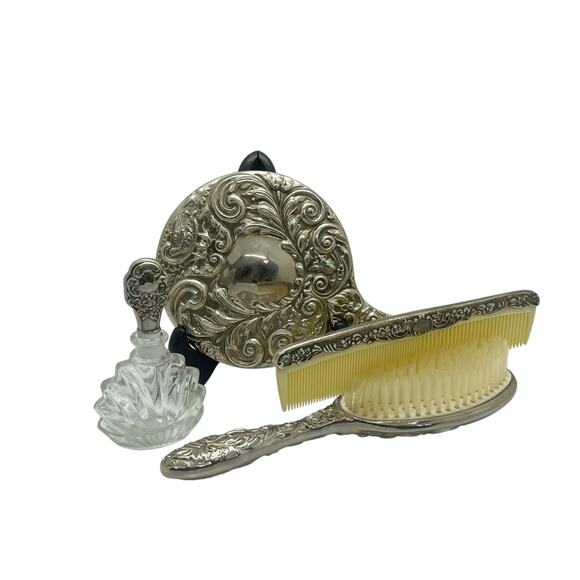 Vintage Silver Tone Carved Vanity Set Mirror Brush Perfume - Picture 2 of 16